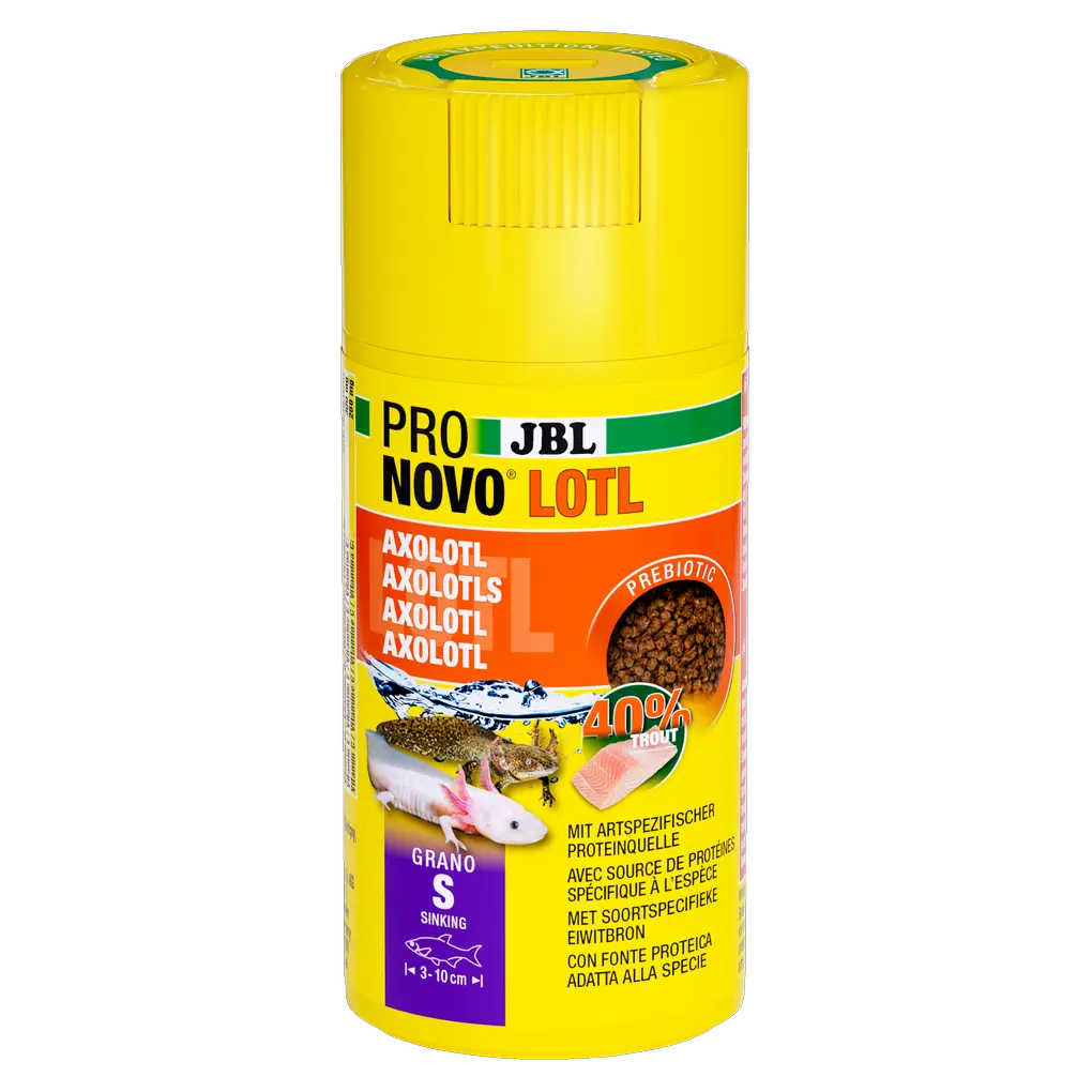 Complete nutrition and optimal growth with small feed granules for axolotls, newts and dwarf clawed frogs measuring 3–10 cm.