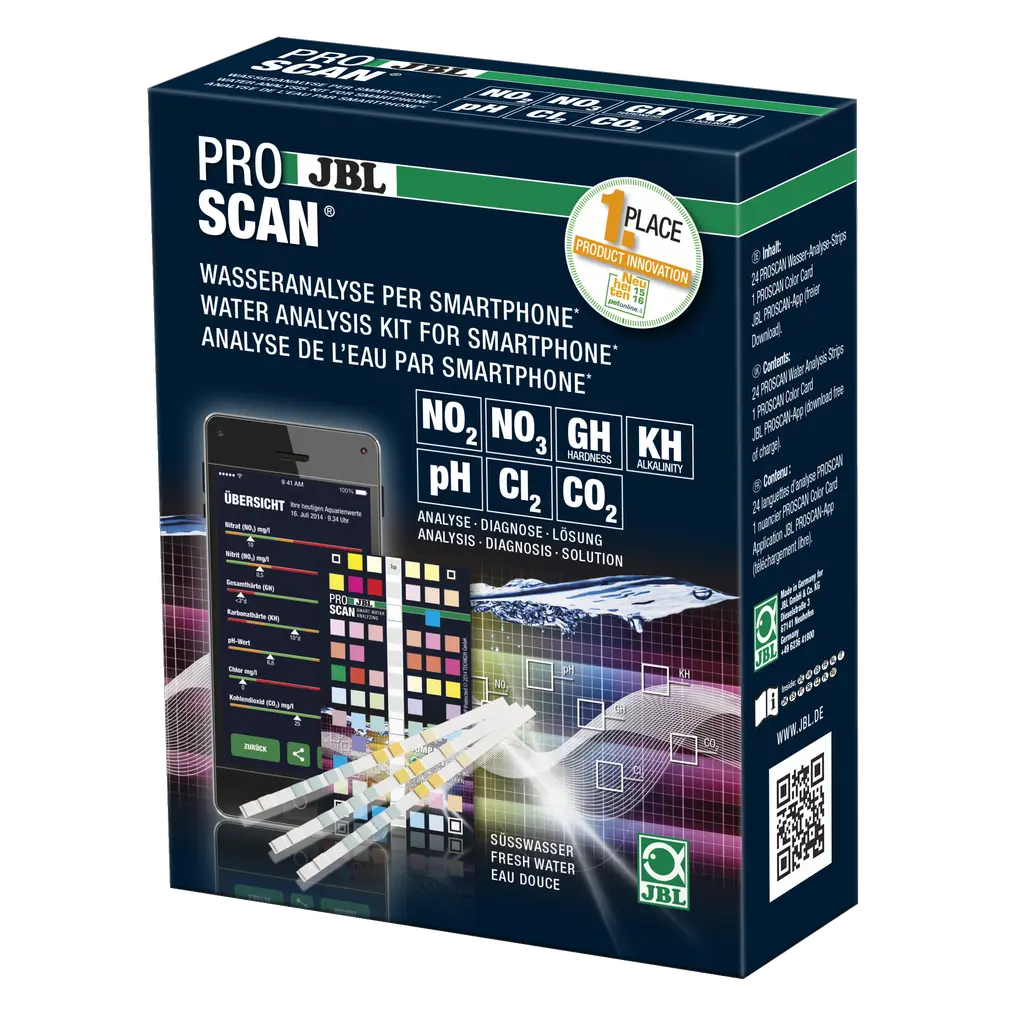 Water analysis and diagnosis via smartphone: Simple and reliable monitoring of freshwater values. Determination of: Total hardness, carbonate hardness, pH value, nitrite, nitrate, chlorine and CO2 calculation.