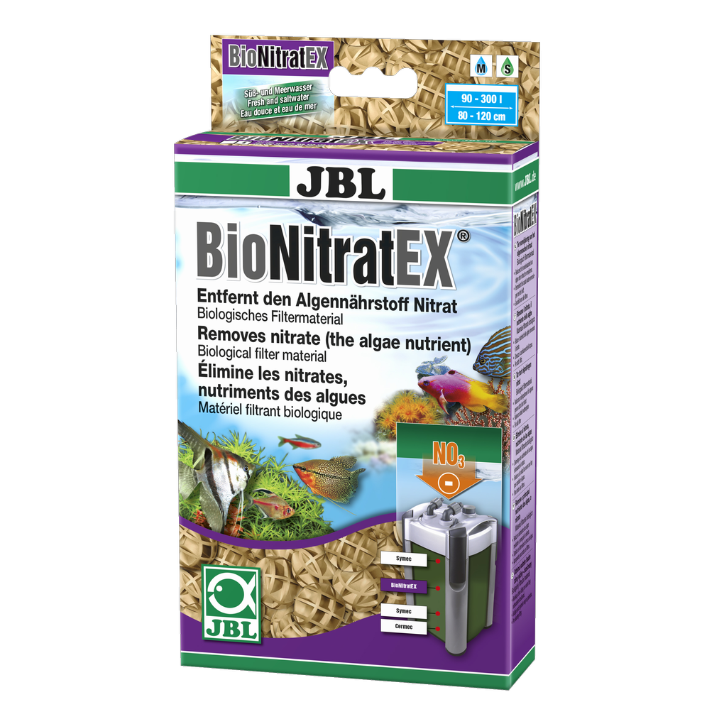 Biological filter material that breaks down bacteria and removes algae-promoting nitrate from fresh or salt water