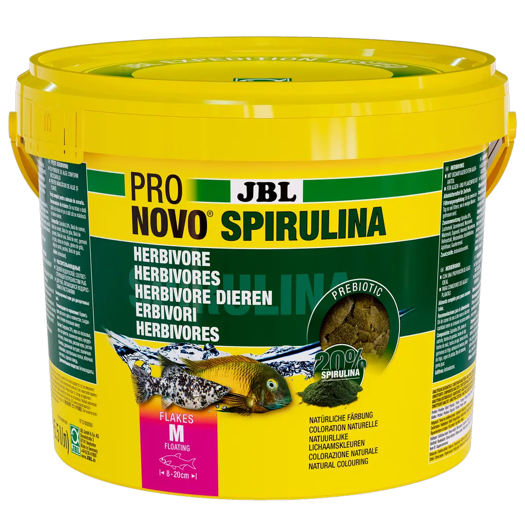 Floating, prebiotic spirulina algae food flakes for herbivorous (plant/algae-eating) aquarium fish such as livebearers and filter feeders from Lake Malawi and Lake Tanganyika.