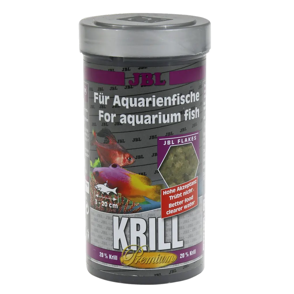 Complete nutrition and optimal growth for tropical freshwater and saltwater fish: Krill flakes rich in protein, unsaturated fatty acids and carotenoids.