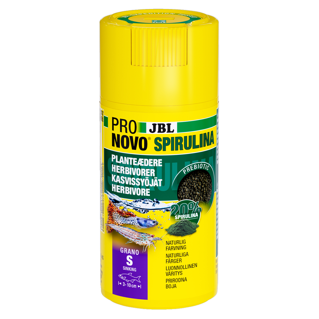 Sinking, prebiotic spirulina algae food granules for herbivorous (plant/algae-eating) aquarium inhabitants such as livebearers and shrimp.