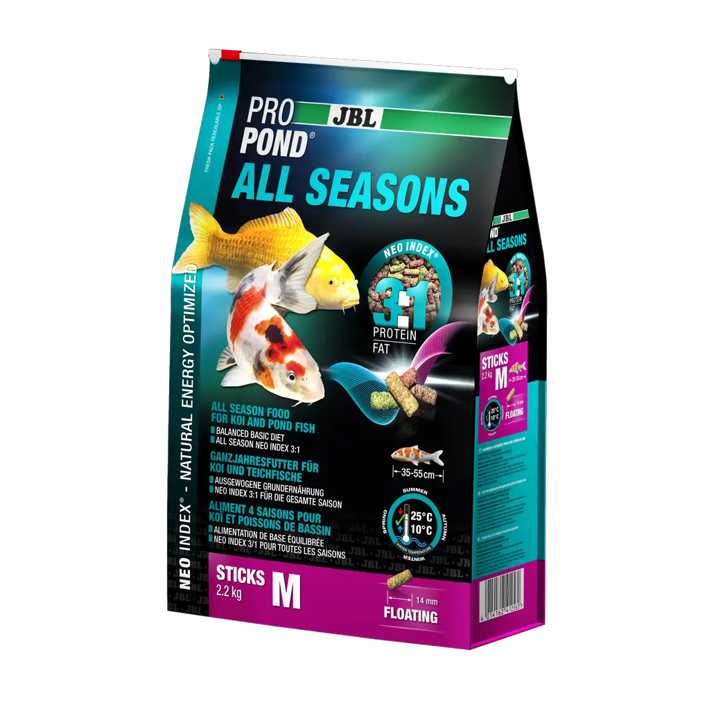 Complete feed with the correct protein-fat ratio of 3:1 according to the NEO Index, which takes into account water temperature, function, animal size and age.