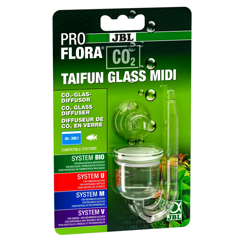 Diffuseur en verre élégant, petit mais très efficace, pour dissoudre le CO2 dans l'eau de l'aquarium et favoriser une croissance parfaite des plantes. 3 tailles : Mini 40-120 l ; Midi 40-300 l ; Maxi 160-800 l