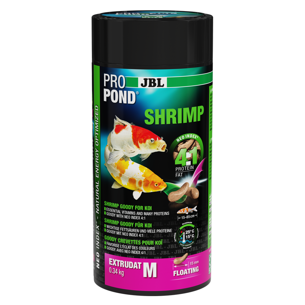A treat for all koi. Shrimp extrudate with the correct protein-fat ratio of 4:1 according to the NEO Index, which takes into account water temperature, function, animal size and age.