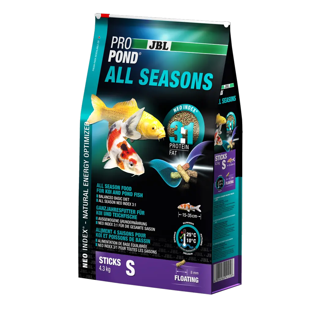 Complete feed with the correct protein-fat ratio of 3:1 according to the NEO Index, which takes into account water temperature, function, animal size and age.