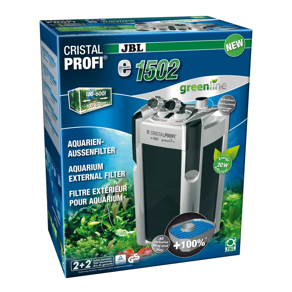 External filter for clean and healthy aquarium water: Closed water circulation system for aquariums from 160 to 600 litres (100 to 150 cm)