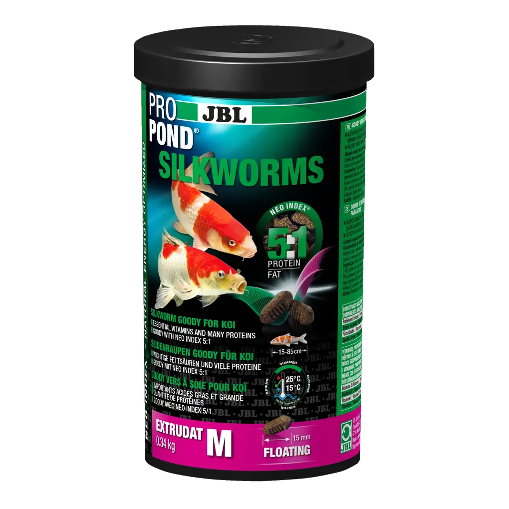 Extrudat de vers à soie avec un rapport protéines/graisses correct de 5:1 selon NEO Index tenant compte de la température de l'eau, de la fonction, de la taille et de l'âge de l'animal