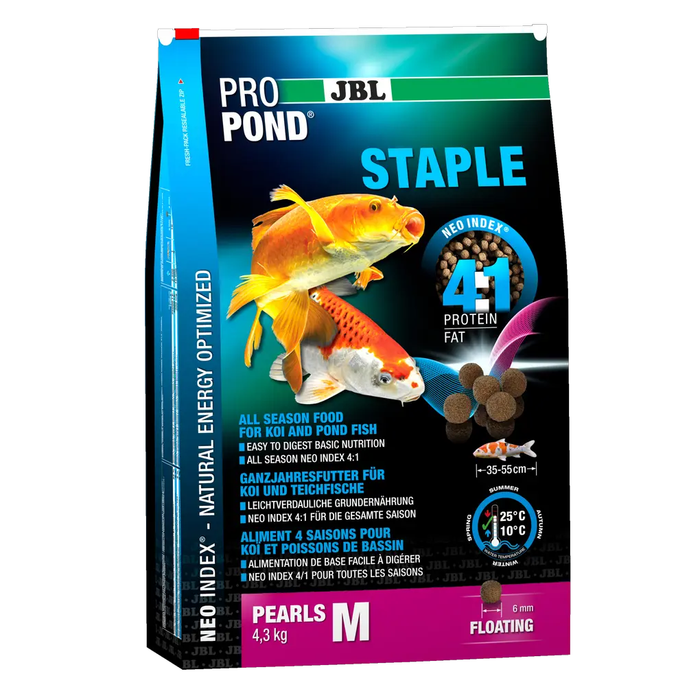 High-quality, floating pellets with a diameter of 6 mm for year-round feeding at water temperatures of 10–25 °C.