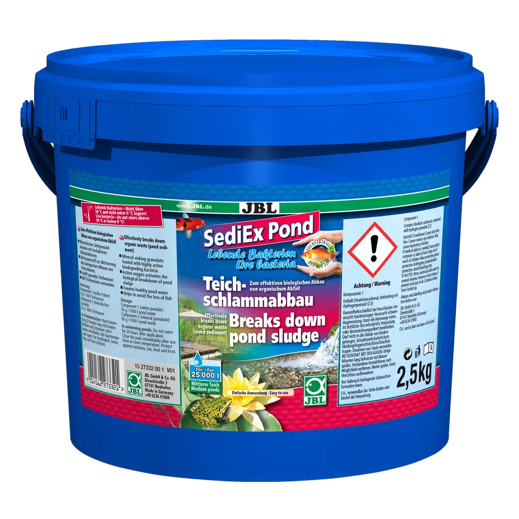 For fish- and plant-friendly water: highly active degrading bacteria and active oxygen in mineral sink granules for breaking down pond sludge.