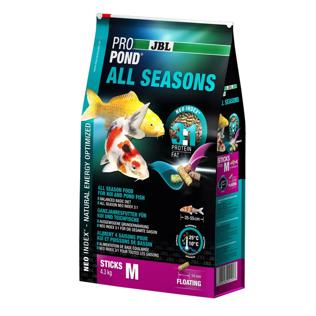 Complete feed with the correct protein-fat ratio of 3:1 according to the NEO Index, which takes into account water temperature, function, animal size and age.