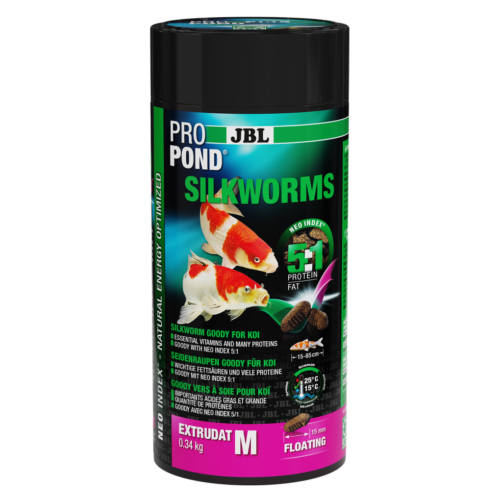 Silkworm extrudate with the correct protein-fat ratio of 5:1 according to the NEO Index, which takes into account water temperature, function, animal size and age.