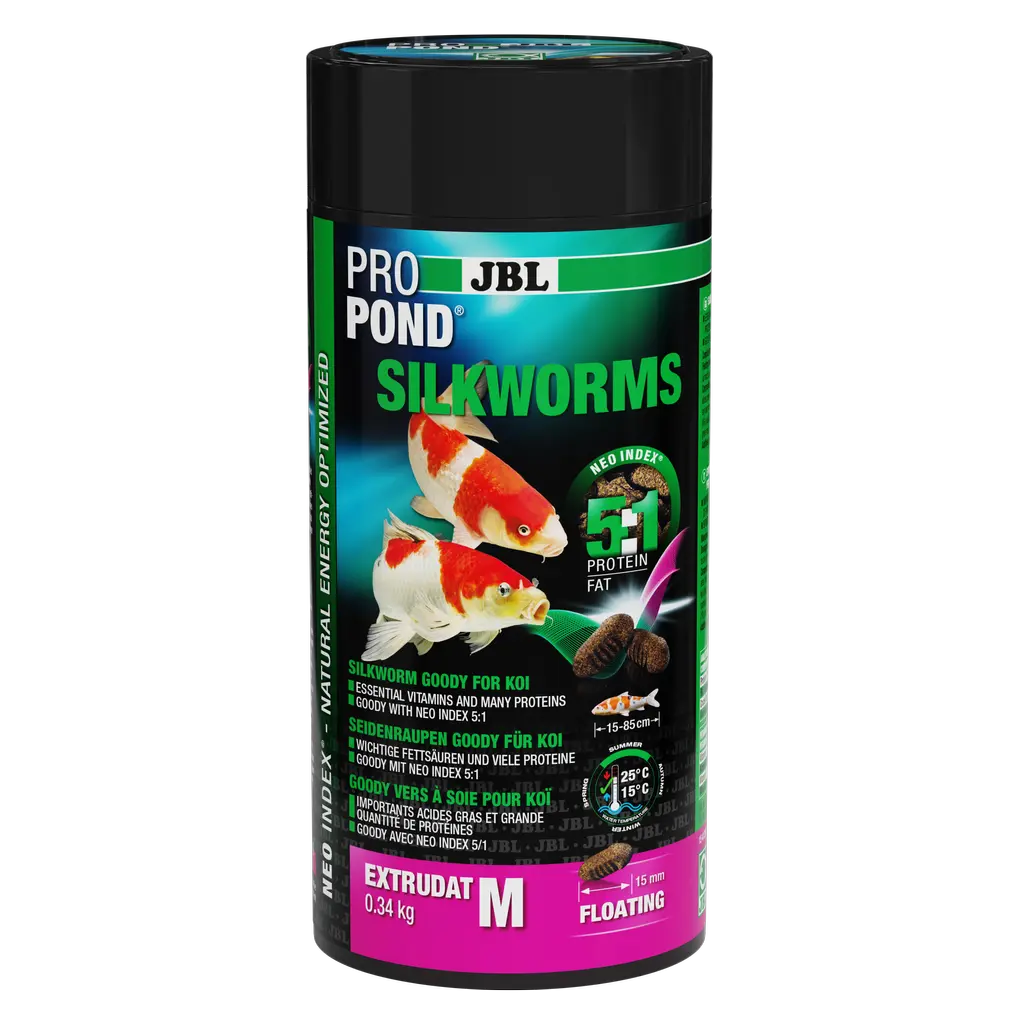 Silkworm extrudate with the correct protein-fat ratio of 5:1 according to the NEO Index, which takes into account water temperature, function, animal size and age.