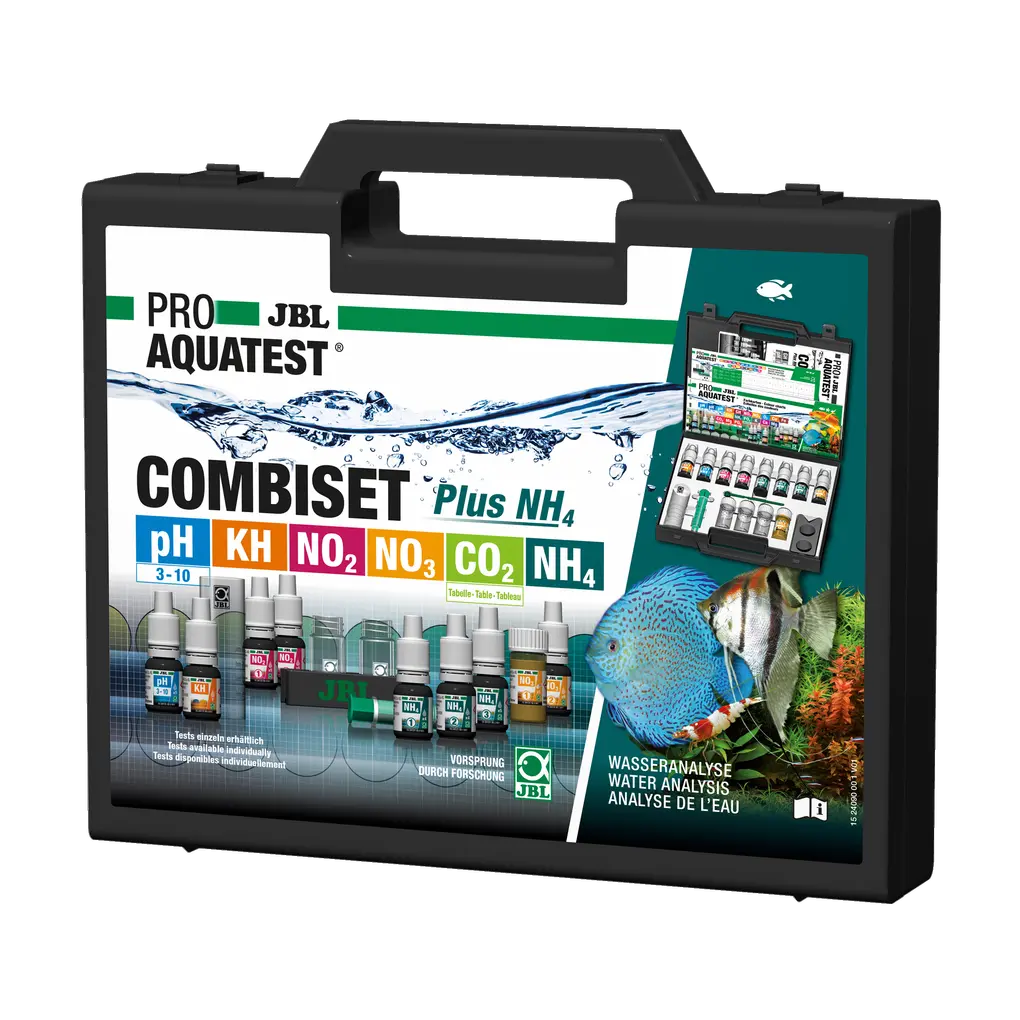 Contrôle simple et sûr des paramètres de l'eau des aquariums. Détermination du pH, de la dureté carbonatée, des nitrites, des nitrates et, en plus, de l'ammonium/ammoniac, ainsi que calcul du CO2 à l'aide d'un tableau.