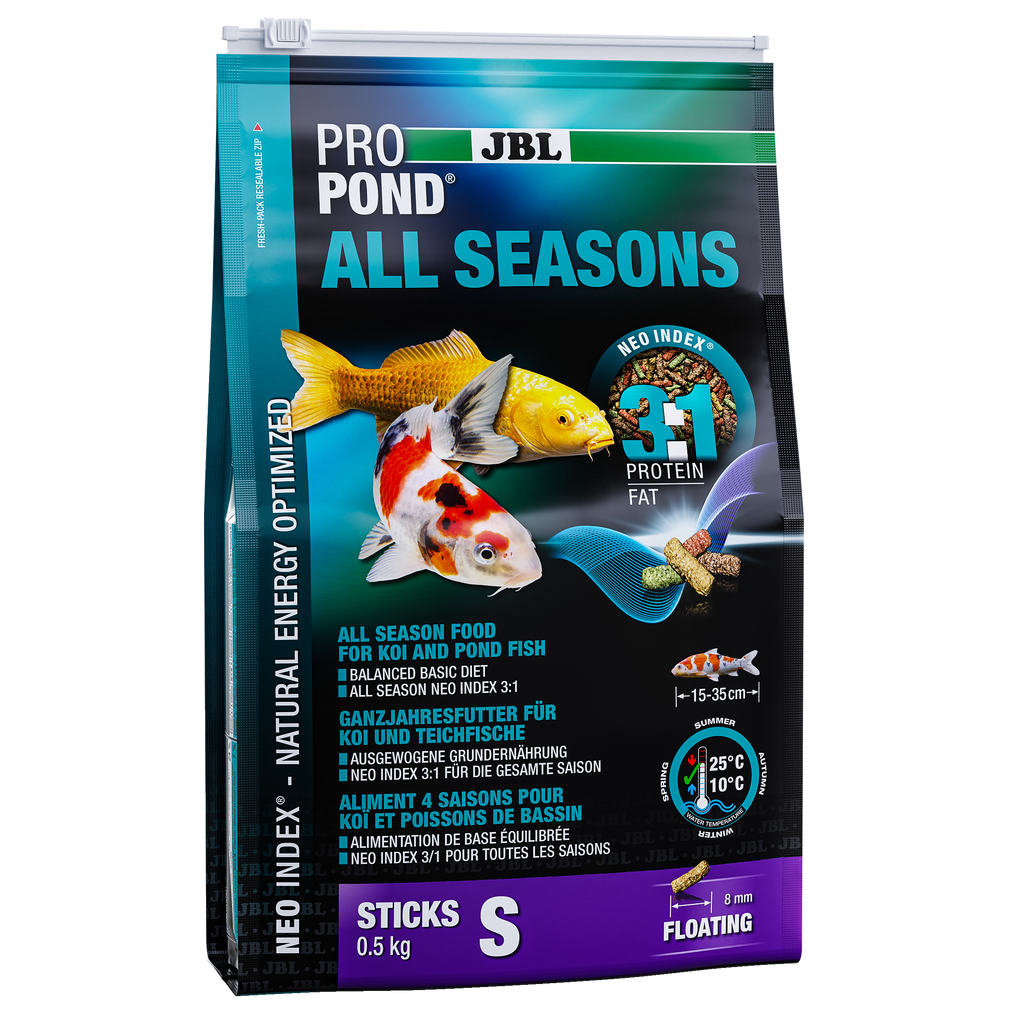Complete feed with the correct protein-fat ratio of 3:1 according to the NEO Index, which takes into account water temperature, function, animal size and age.