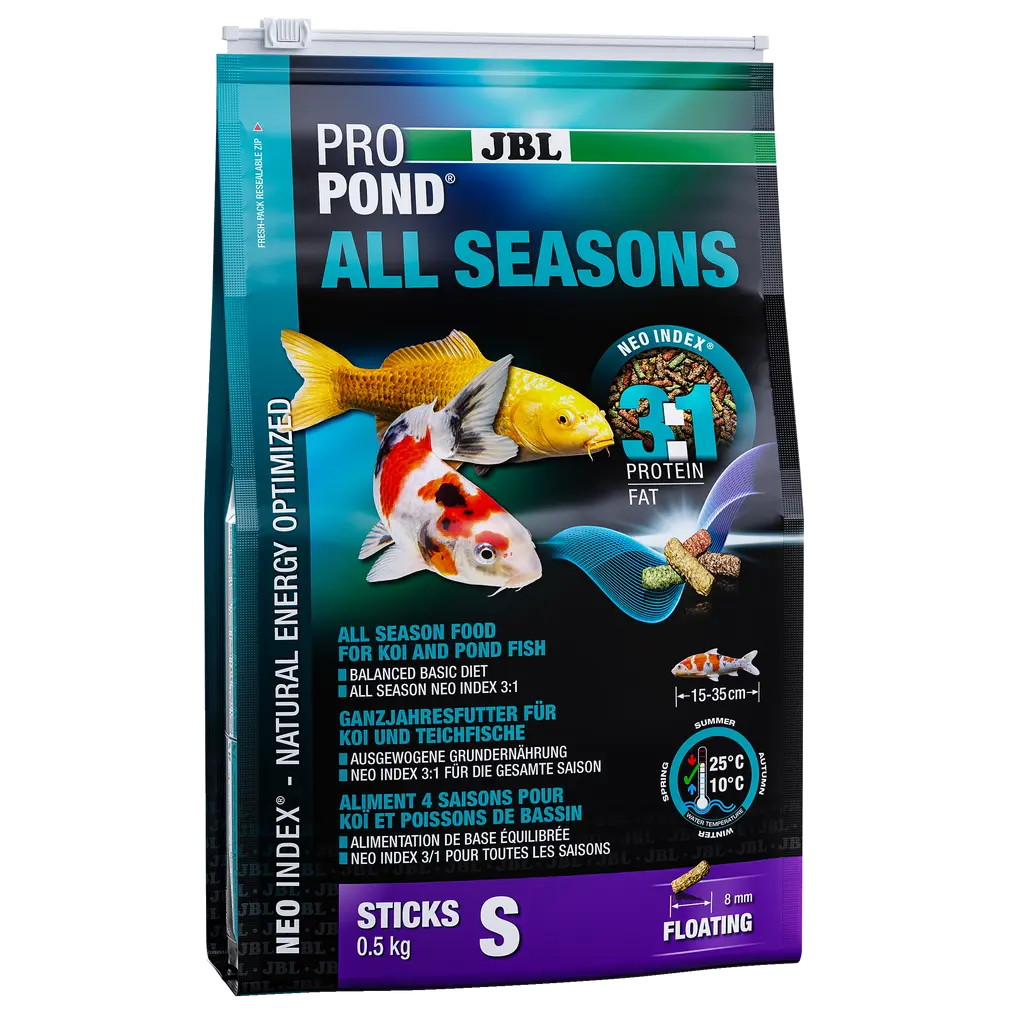 Complete feed with the correct protein-fat ratio of 3:1 according to the NEO Index, which takes into account water temperature, function, animal size and age.