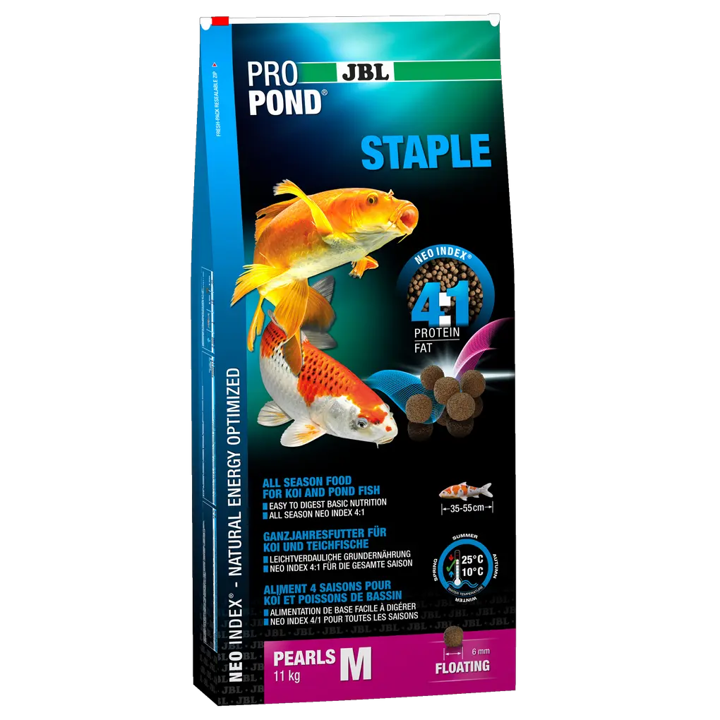 High-quality, floating pellets with a diameter of 6 mm for year-round feeding at water temperatures of 10–25 °C.