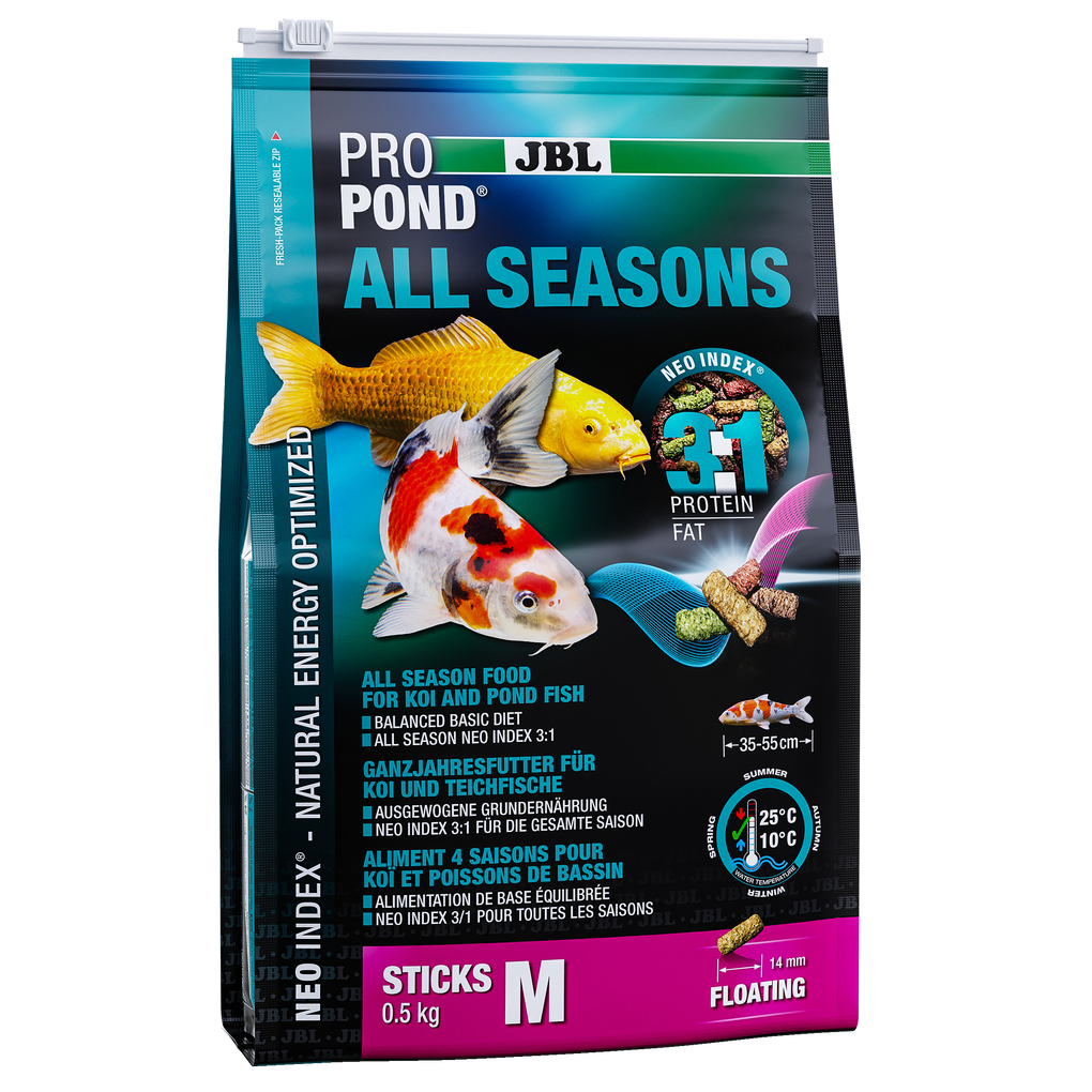 Complete feed with the correct protein-fat ratio of 3:1 according to the NEO Index, which takes into account water temperature, function, animal size and age.