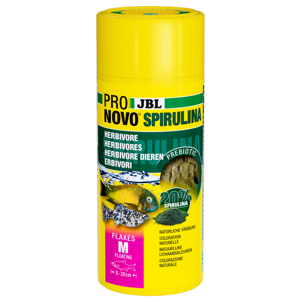 Schwimmende, prebiotische Spirulinaalgen-Futterflocken für herbivore (pflanzen-/algenfressende) Aquarienfische wie z. B. Lebendgebärende und Aufwuchsfresser aus Malawi- und Tanganjikasee