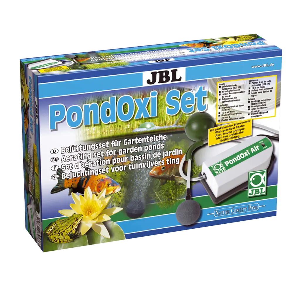 Protection contre le manque d'oxygène dans le bassin : aération et apport d'oxygène garantis grâce au kit d'aération avec flotteur et pompe à air puissante d'un débit de 200 l/h.