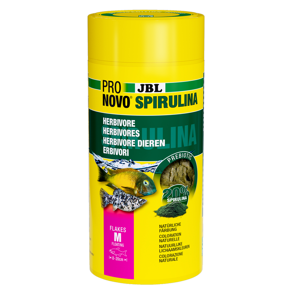Schwimmende, prebiotische Spirulinaalgen-Futterflocken für herbivore (pflanzen-/algenfressende) Aquarienfische wie z. B. Lebendgebärende und Aufwuchsfresser aus Malawi- und Tanganjikasee