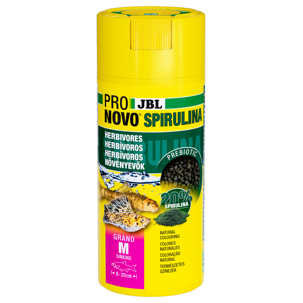 Sinking, prebiotic spirulina algae food granules for herbivorous (plant/algae-eating) aquarium inhabitants such as livebearers and sucking loaches.