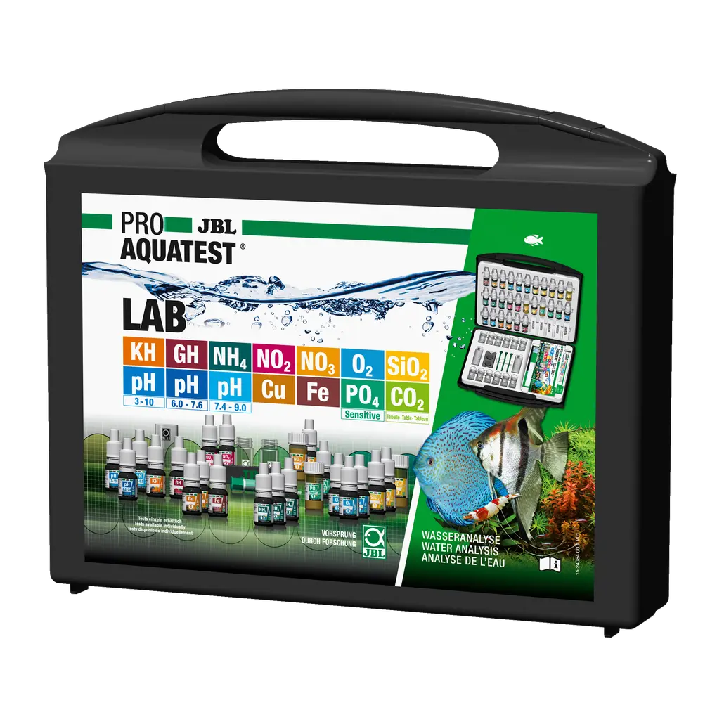 Simple and reliable monitoring of aquarium water values. Determination of: pH value (3 ranges), carbonate hardness, total hardness, ammonium/ammonia, nitrite, nitrate, phosphate, iron, copper, silicate, oxygen and CO2 Calculation using table