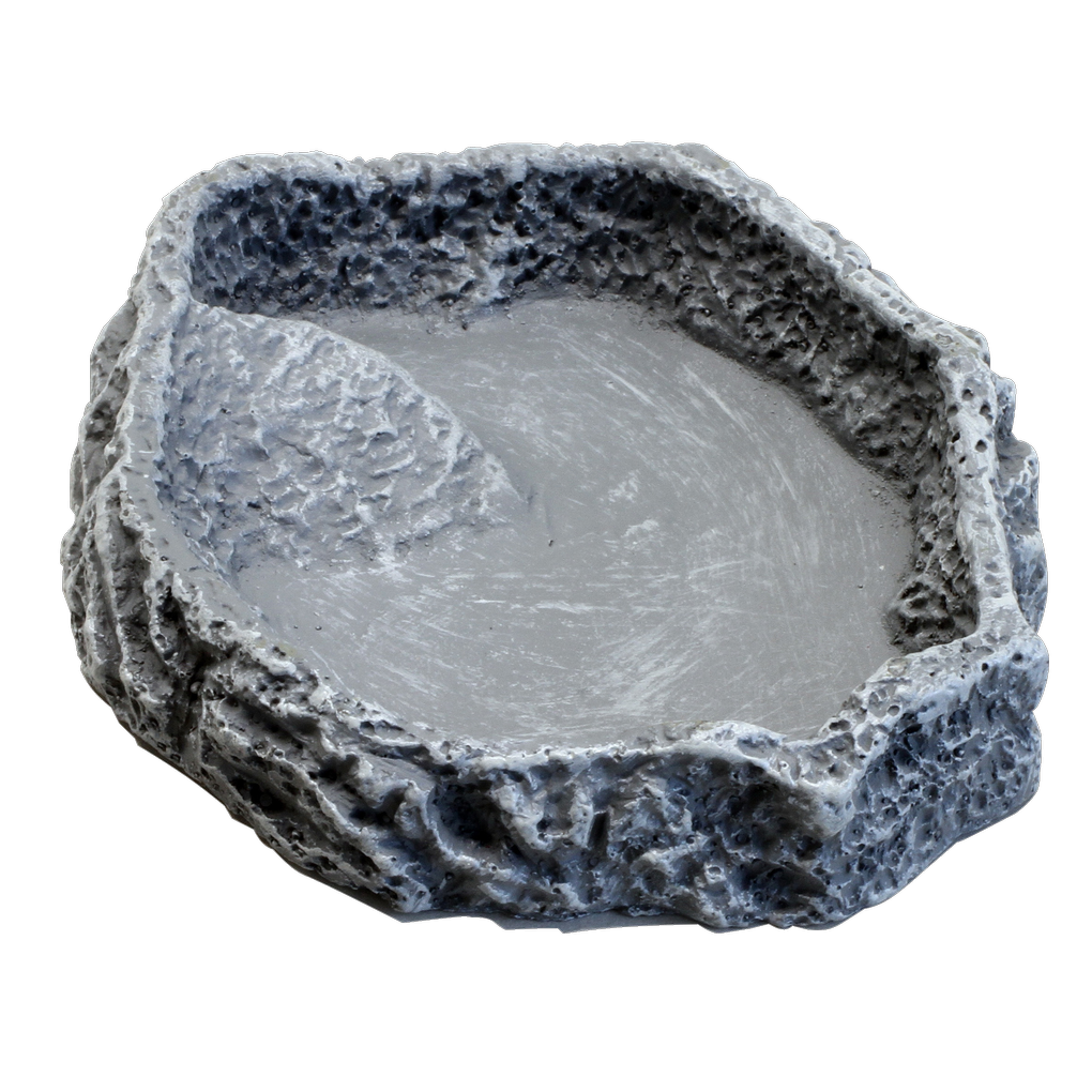 Customised design of the terrarium: stone-look bowl for food, water or bathing.