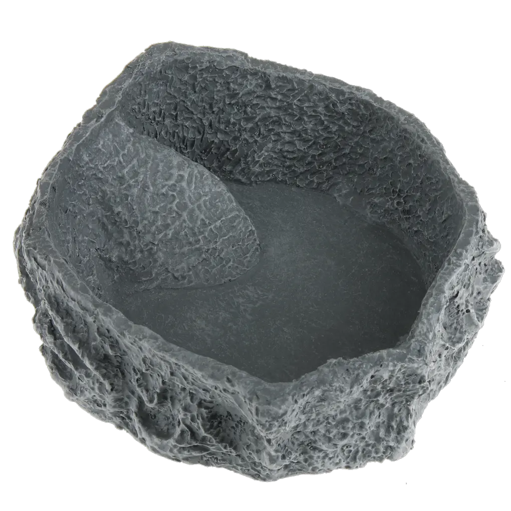 Customised design of the terrarium: stone-look bowl for food, water or bathing.