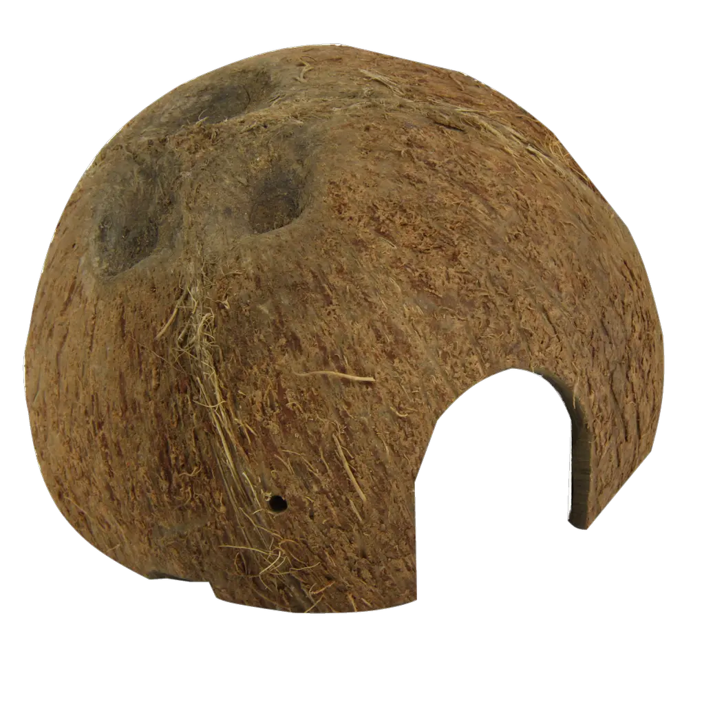Hiding place and spawning ground for fish; sleeping and hiding place for terrarium animals: coconut shells for aquariums and terrariums