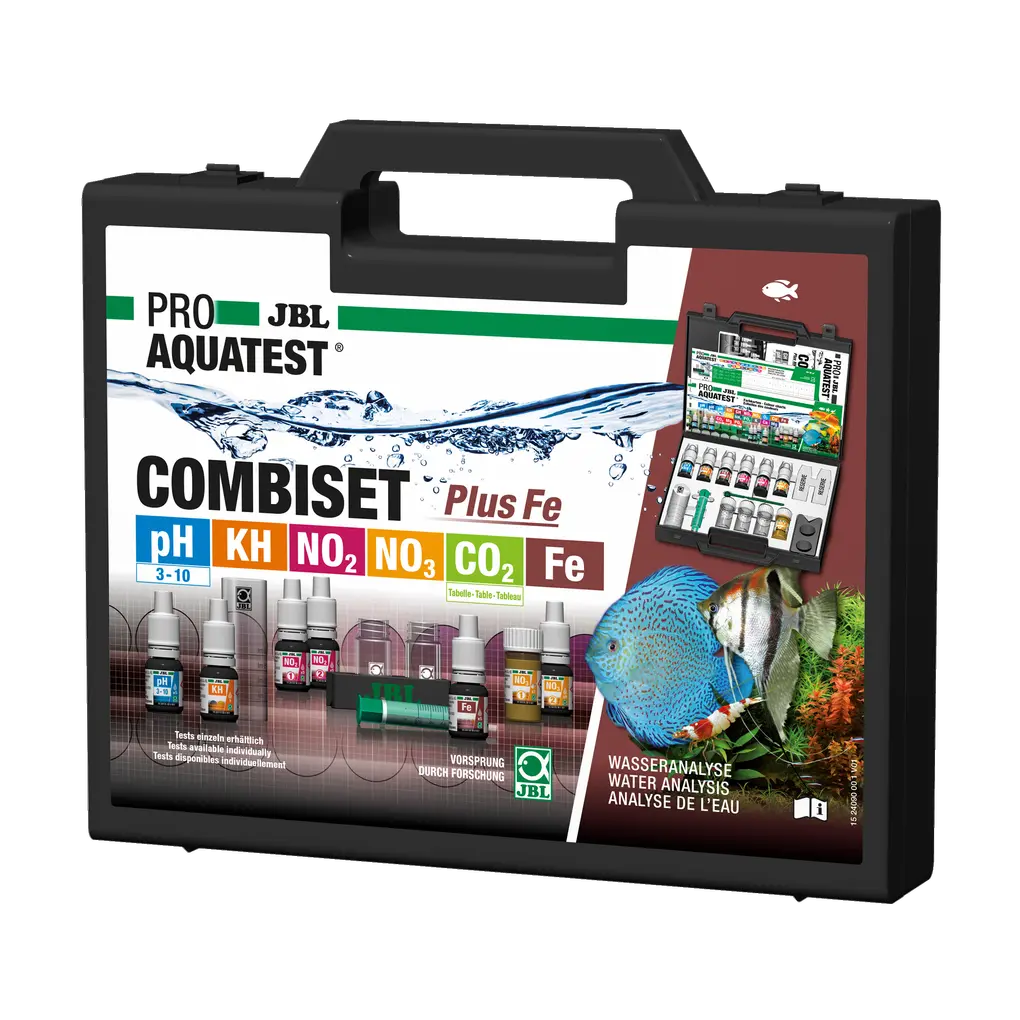 Contrôle simple et sûr des paramètres de l'eau des aquariums. Détermination du pH, de la dureté carbonatée, du fer, des nitrites, des nitrates, du CO2 (calcul à l'aide d'un tableau).