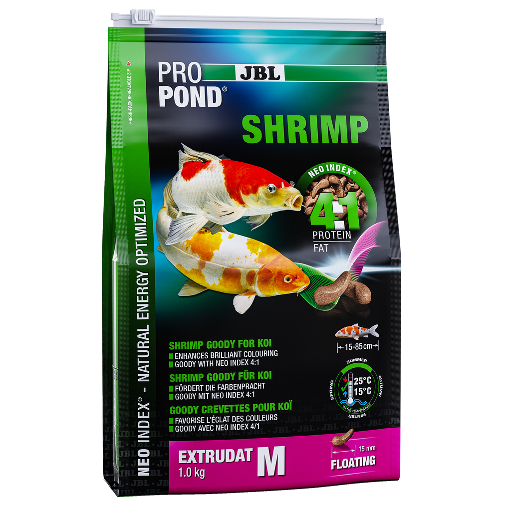 A treat for all koi. Shrimp extrudate with the correct protein-fat ratio of 4:1 according to the NEO Index, which takes into account water temperature, function, animal size and age.
