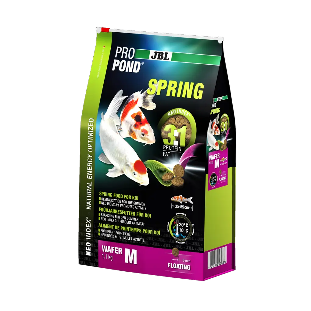 Aliment complet avec un rapport protéines/lipides correct de 3:1 selon l'indice NEO, qui tient compte de la température de l'eau, de la fonction, de la taille et de l'âge de l'animal.