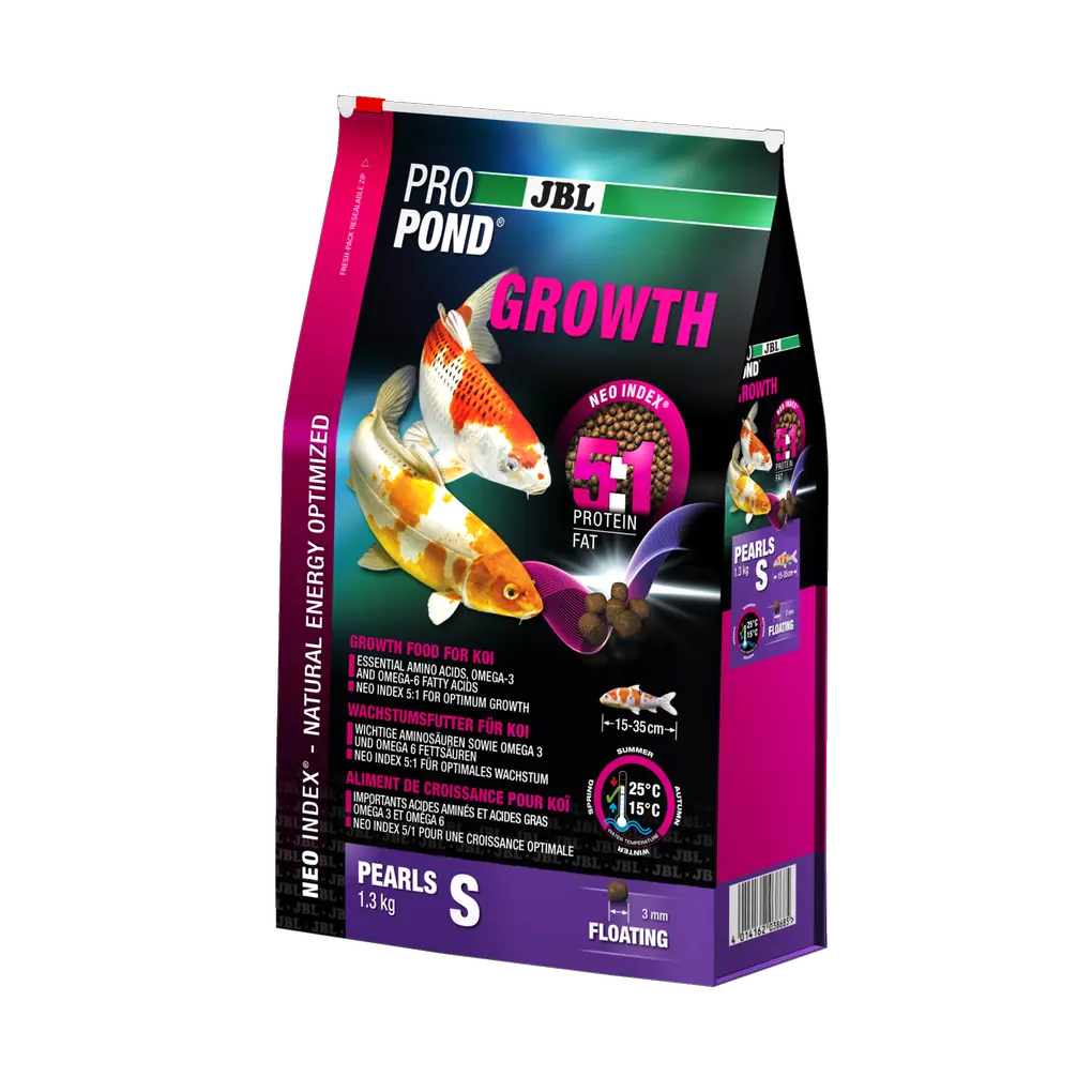 Aliment complet avec un rapport protéines/lipides correct de 5:1 selon l'indice NEO, qui tient compte de la température de l'eau, de la fonction, de la taille et de l'âge de l'animal.