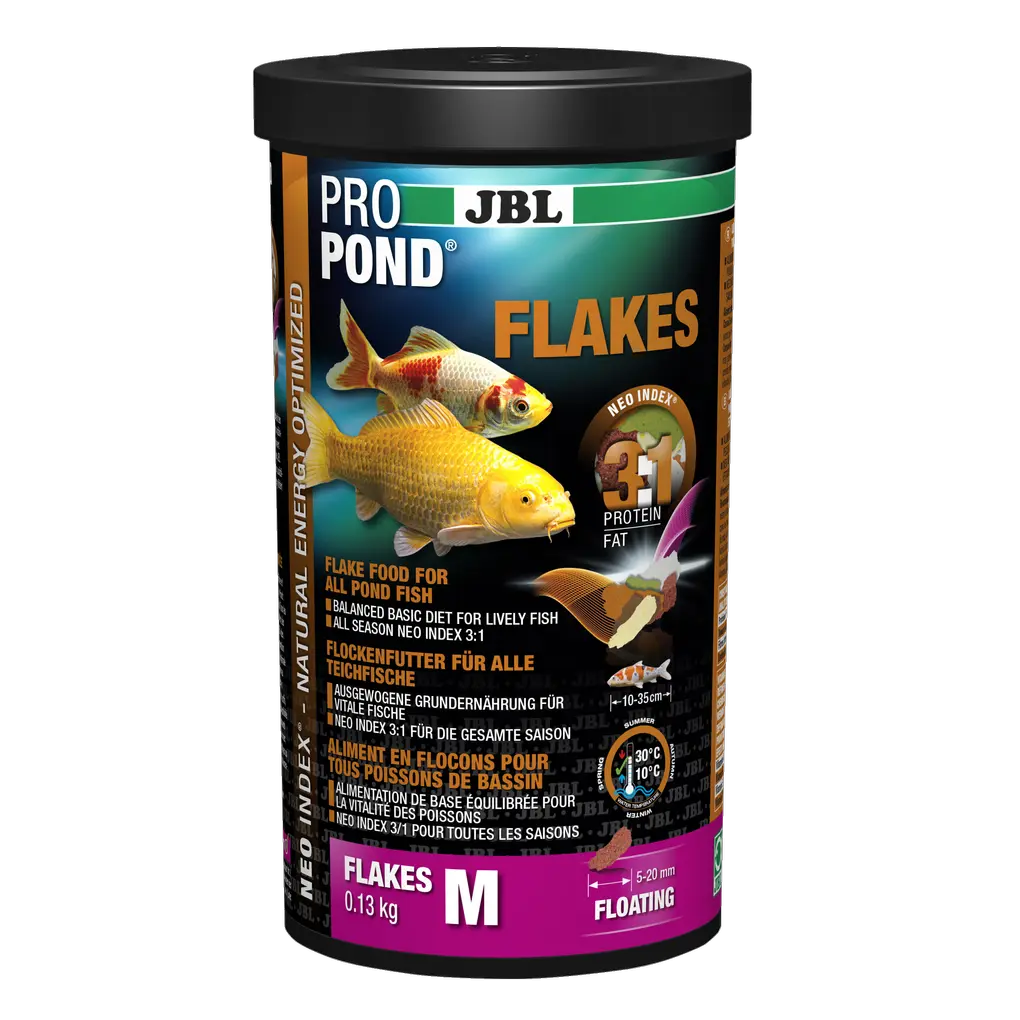 Aliment complet avec un rapport protéines/lipides correct de 3:1 selon l'indice NEO, qui tient compte de la température de l'eau, de la fonction, de la taille et de l'âge de l'animal.