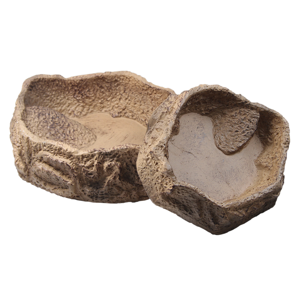 Customised design of the terrarium: beige sandstone-look bowl for food, water or bathing.