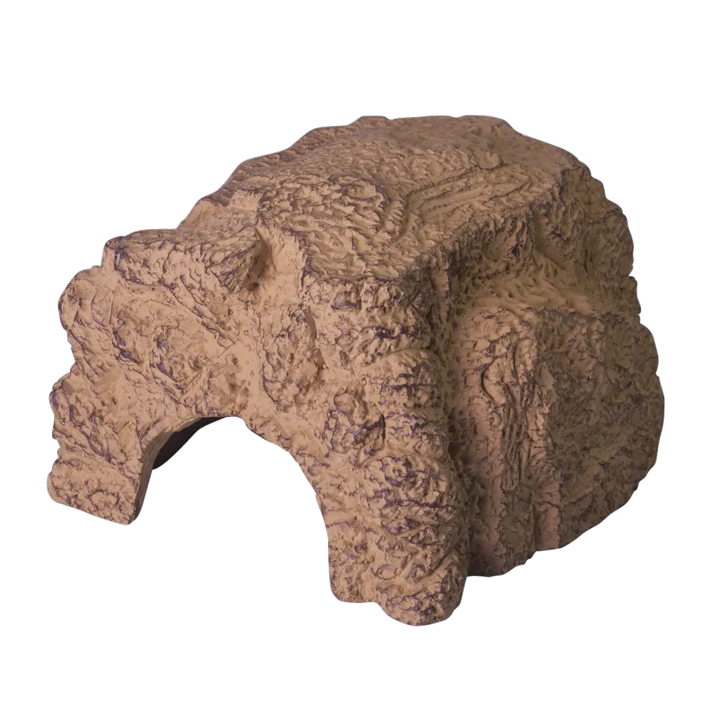 Customised design of the terrarium: sand-coloured cave with a sandstone look as a retreat for the terrarium inhabitants