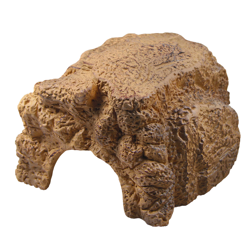 Aménagement personnalisé du terrarium : grotte couleur sable aspect grès servant de refuge aux occupants du terrarium