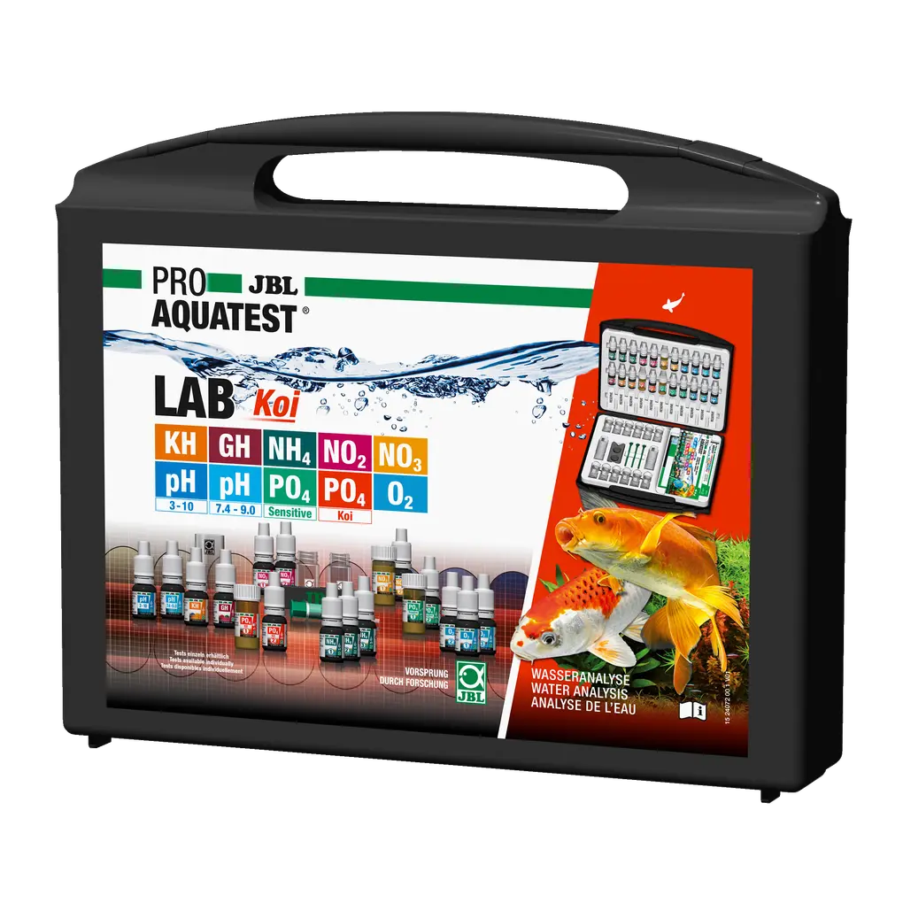 Simple and reliable monitoring of pond water values – determination of: pH 3.0–10, pH 7.4–9, carbonate hardness, total hardness, phosphate sensitive (low values), phosphate koi (high values), nitrite, nitrate, ammonium/ammonia, oxygen