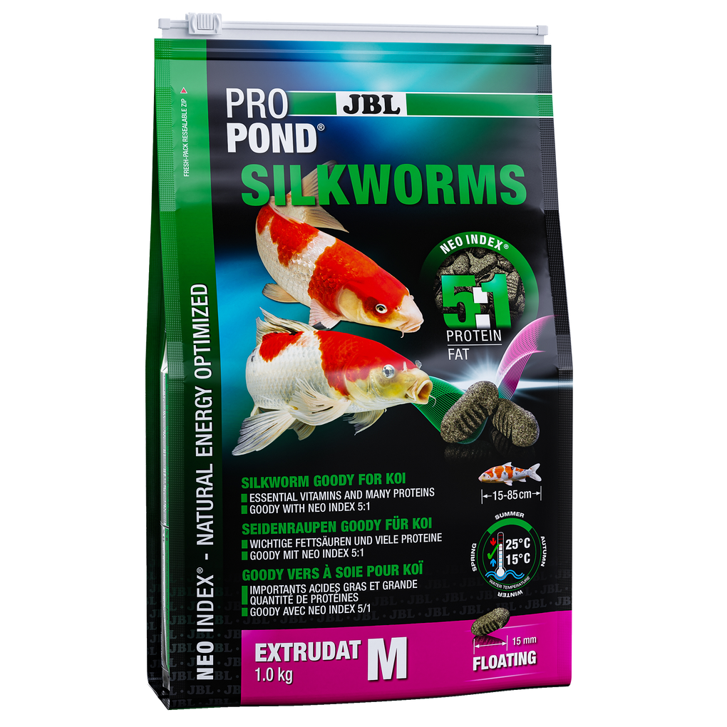 Silkworm extrudate with the correct protein-fat ratio of 5:1 according to the NEO Index, which takes into account water temperature, function, animal size and age.