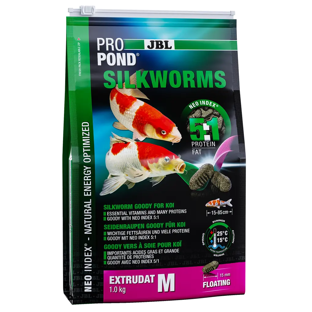 Silkworm extrudate with the correct protein-fat ratio of 5:1 according to the NEO Index, which takes into account water temperature, function, animal size and age.