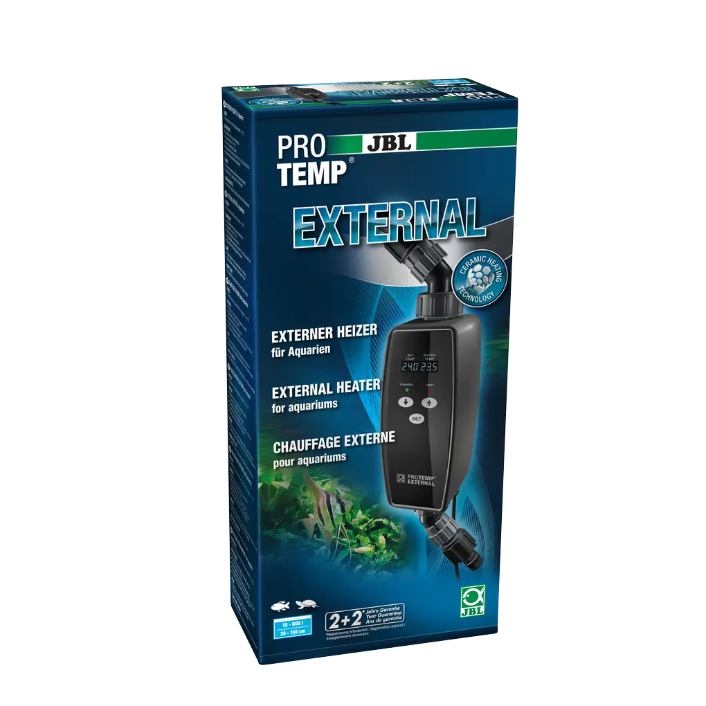 Chauffage externe en céramique puissant pour aquariums de 10 à 600 litres. L'élément chauffant en céramique à faible consommation d'énergie assure une température homogène, tandis que la protection contre la surchauffe et la fonction d'alarme garantissent une sécurité maximale. Installation flexible et peu encombrante grâce aux raccords pivotants, aux adaptateurs et au support mural.