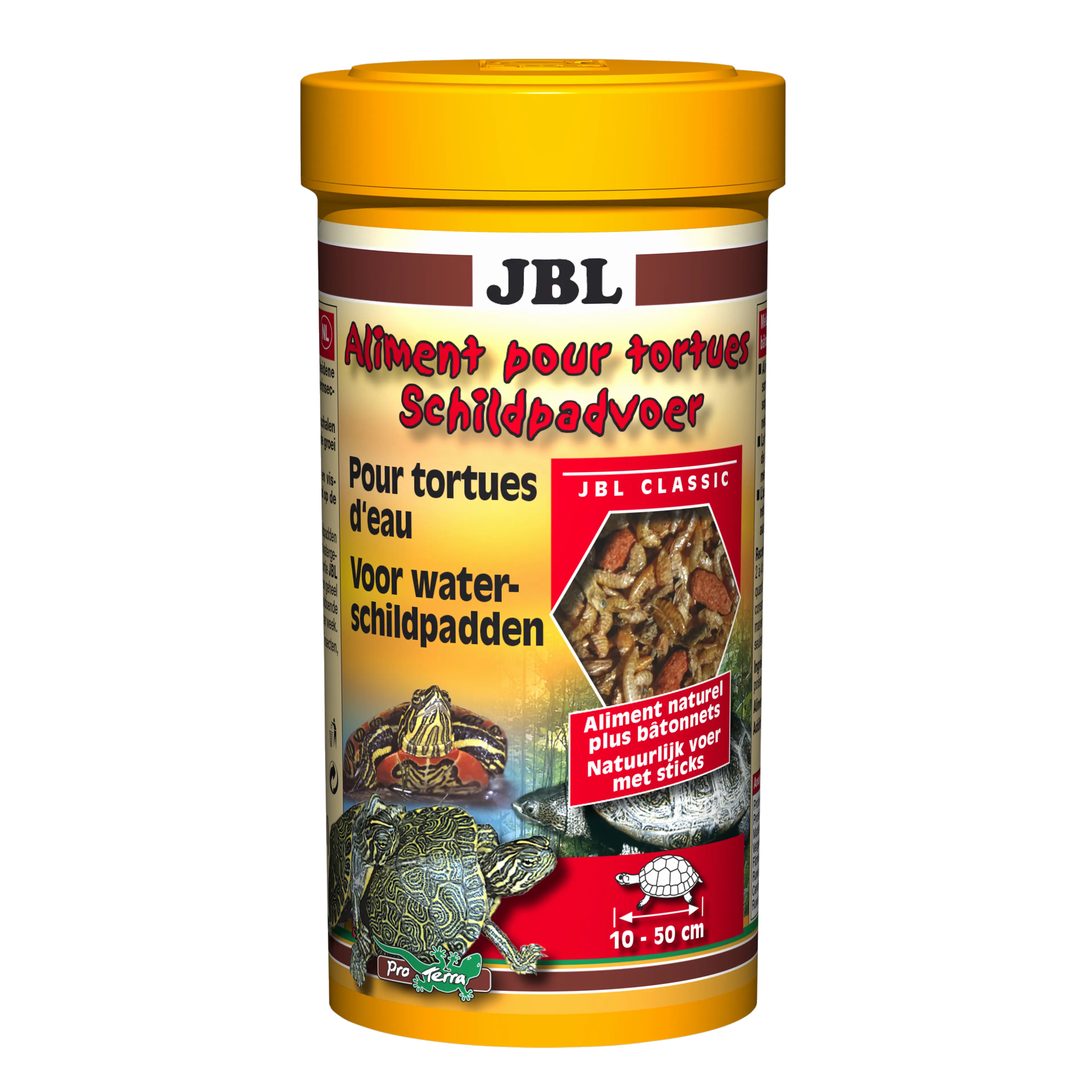 Specially formulated for the nutritional needs of aquatic and marsh turtles: natural food with fish-based food sticks for turtles measuring 10–50 cm in length.