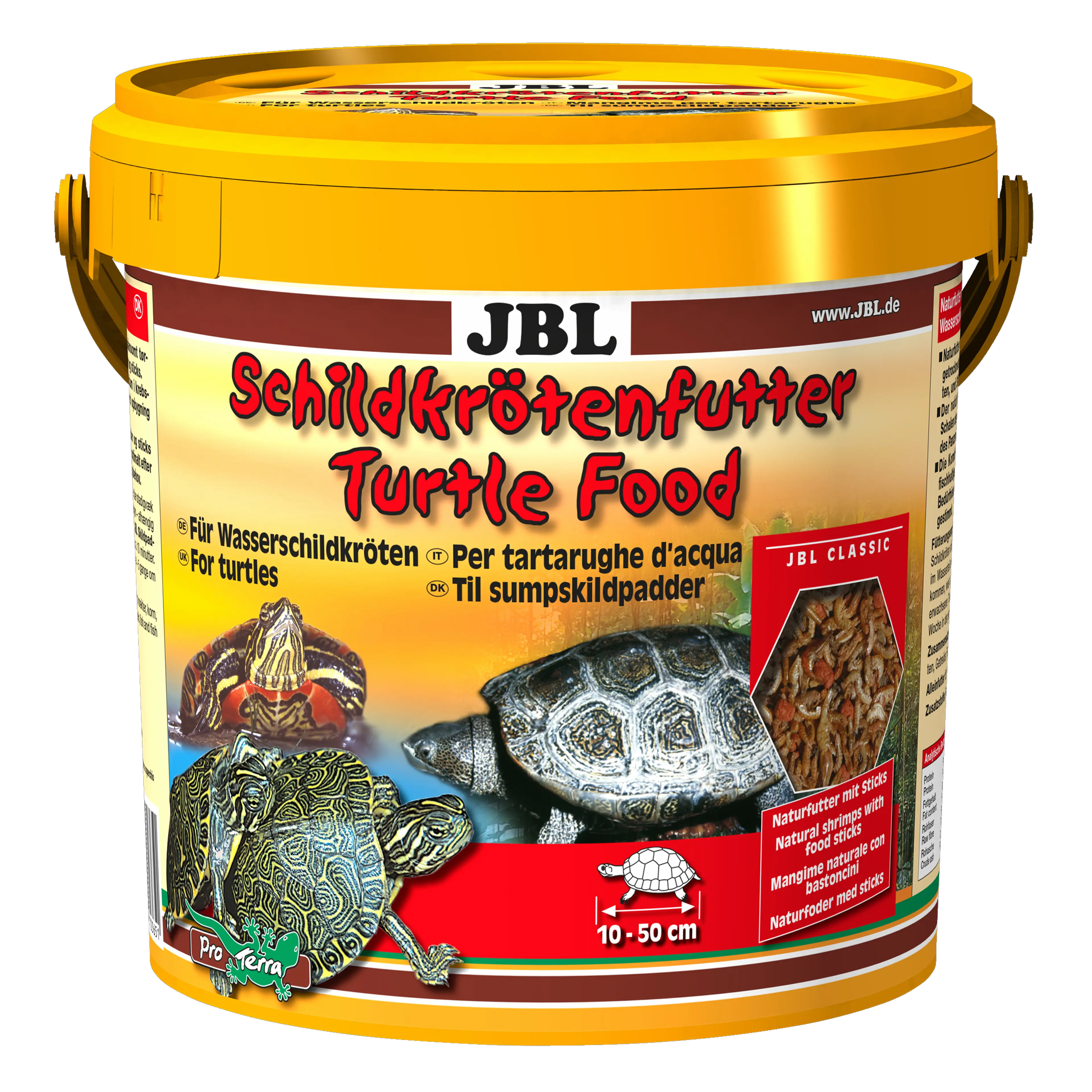 Specially formulated for the nutritional needs of aquatic and marsh turtles: natural food with fish-based food sticks for turtles measuring 10–50 cm in length.
