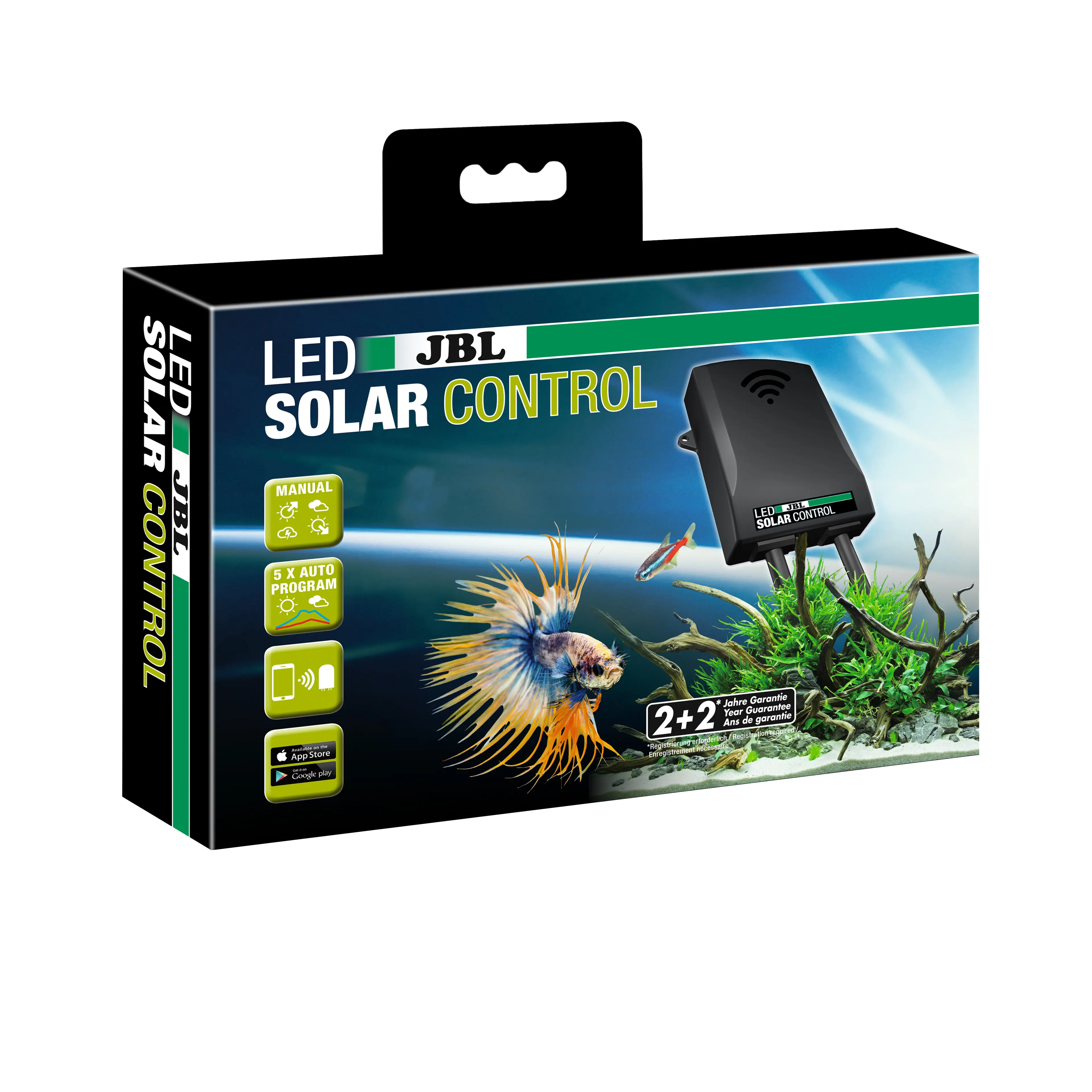 For controlling JBL LED SOLAR NATUR individually or in combination with JBL LED SOLAR EFFECT. Control biotope data, effects, thunderstorms, moon phases, sunrise and sunset from your mobile phone.