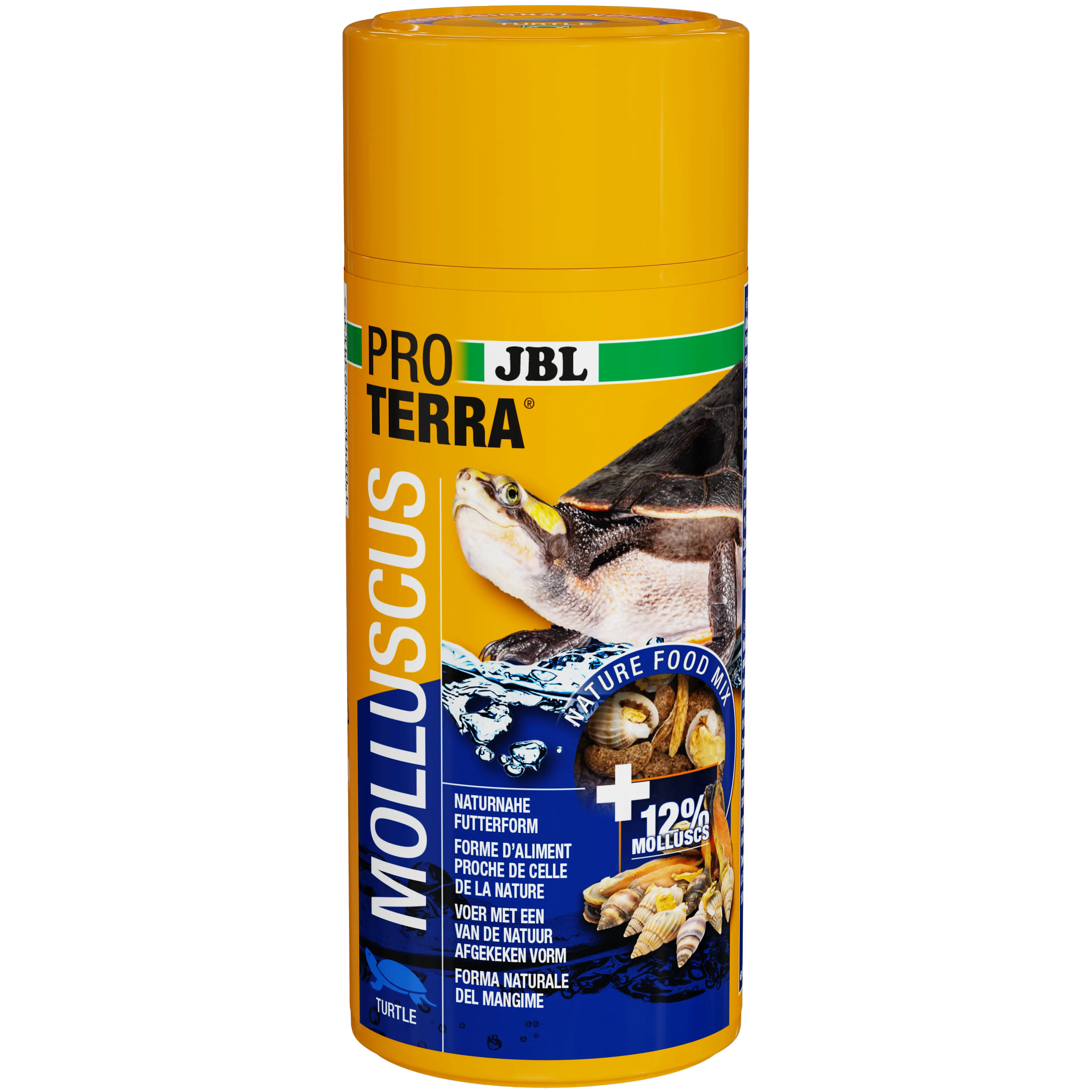 Escargots entiers séchés naturels (avec coquille d'environ 2 cm), insectes aquatiques, moules, bâtonnets à base de poisson (environ 1,5 cm) et crevettes constituent une alimentation variée, idéale et naturelle pour toutes les espèces de tortues aquatiques et des marais.