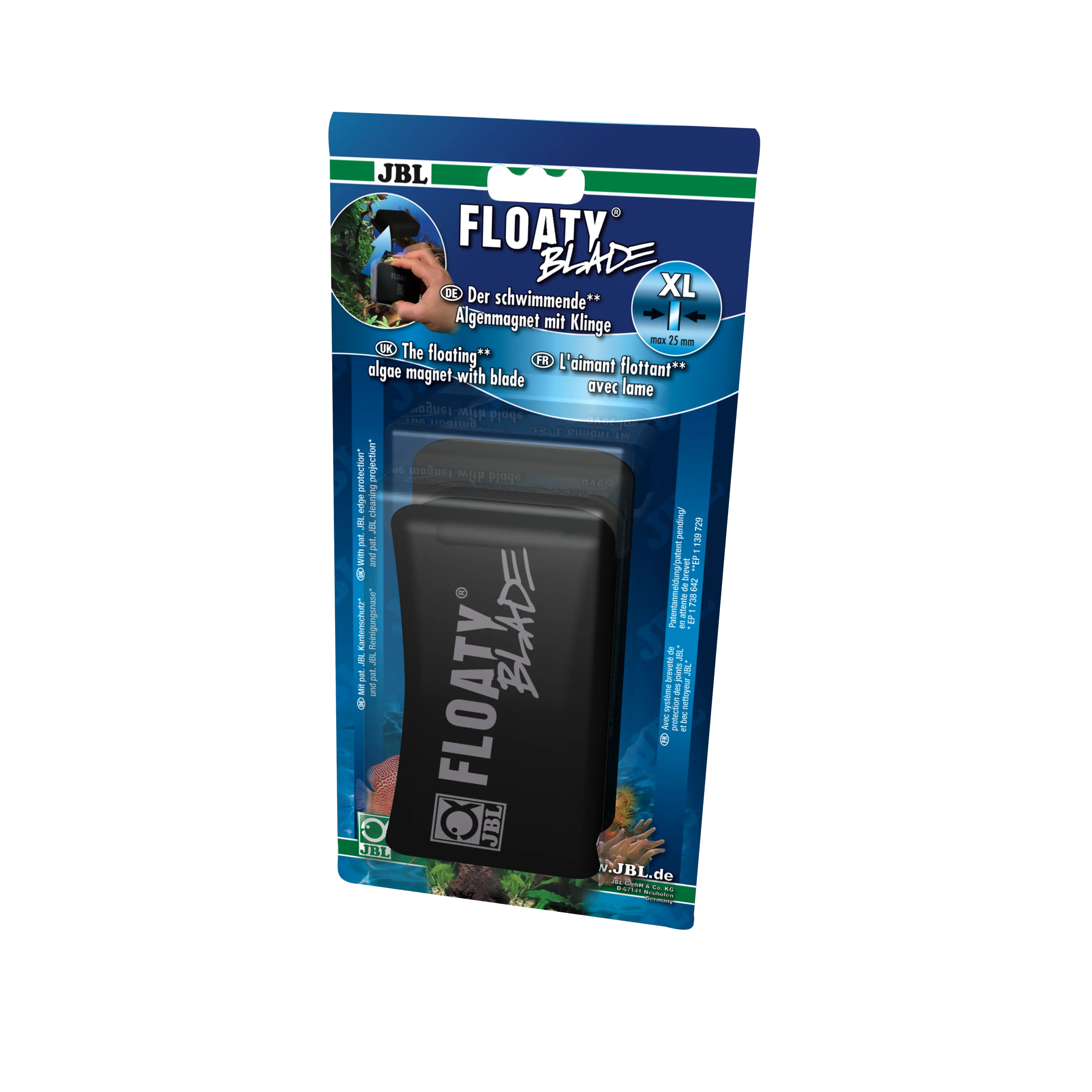Convenient and effective cleaning of aquarium panes from 8 to 25 mm thick: pane cleaning magnet with blade and floating inner element. Also suitable for curved panes.