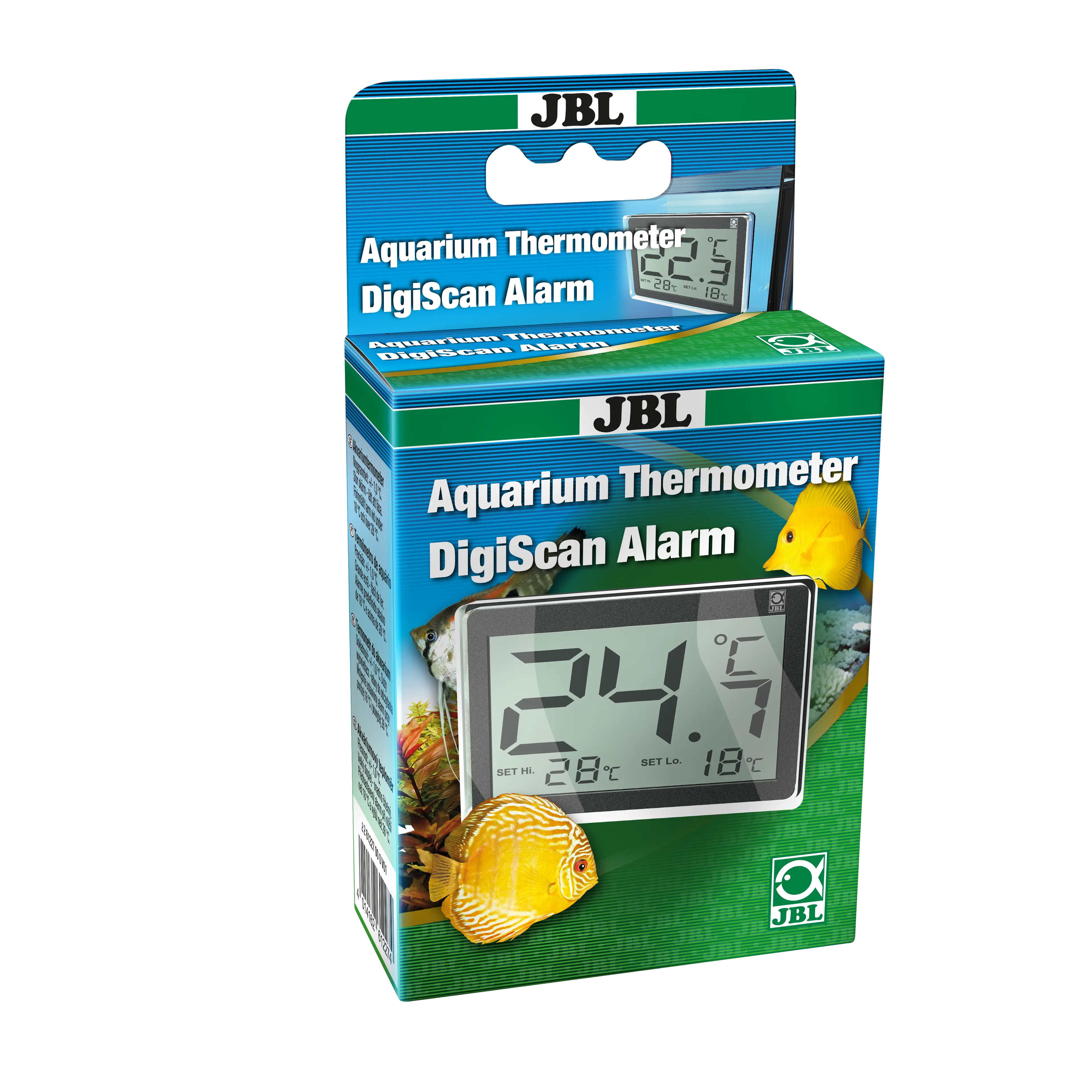 Digital aquarium thermometer that displays water temperatures from 0-37 °C in 0.1 °C increments. Preset alarm flashes <18 and >28 °C.