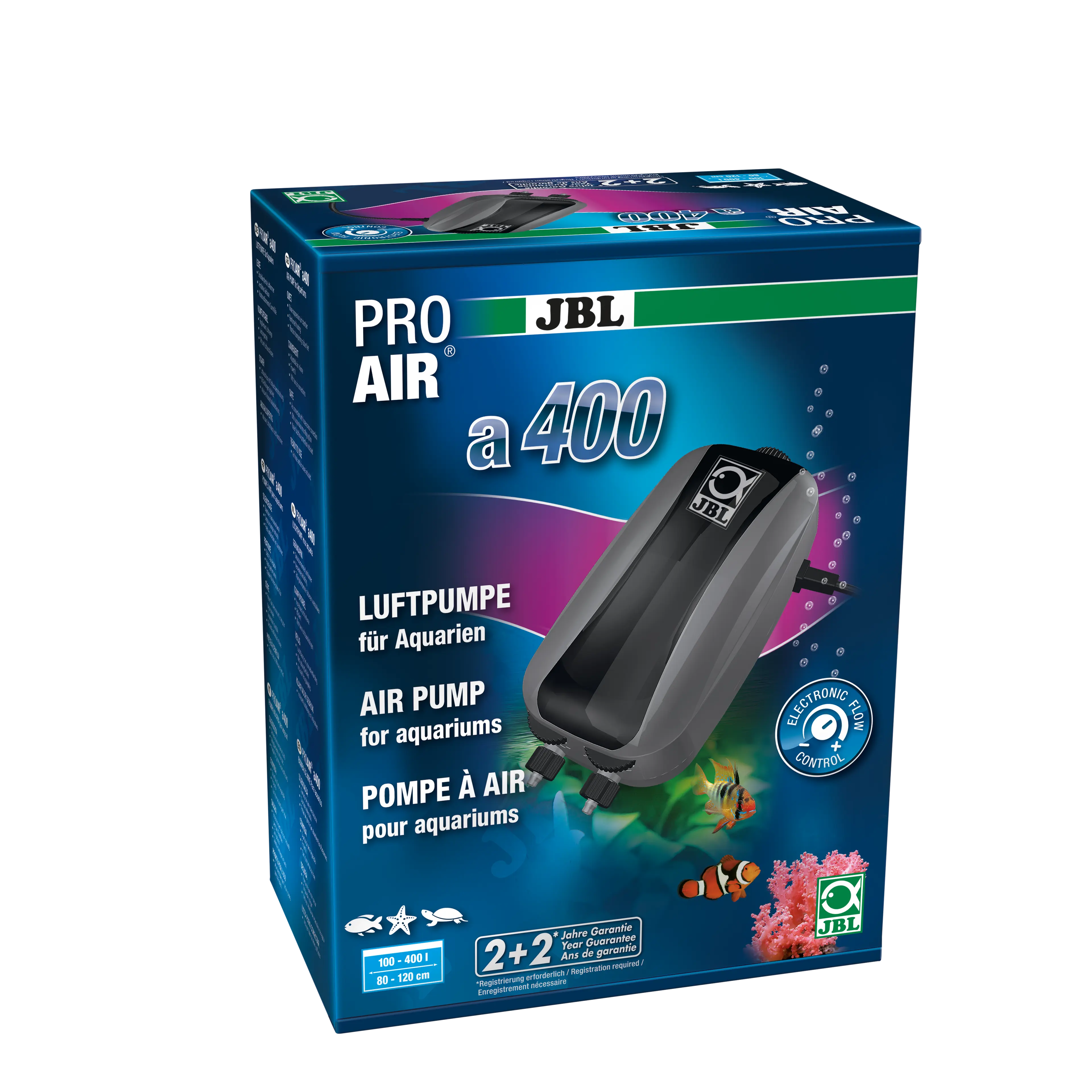 Complete set with air pump, 2 x 2 m hose, 2 x non-return valve and 2 x large 45 mm air diffuser stone for supplying aquariums with vital oxygen (400 l/h)