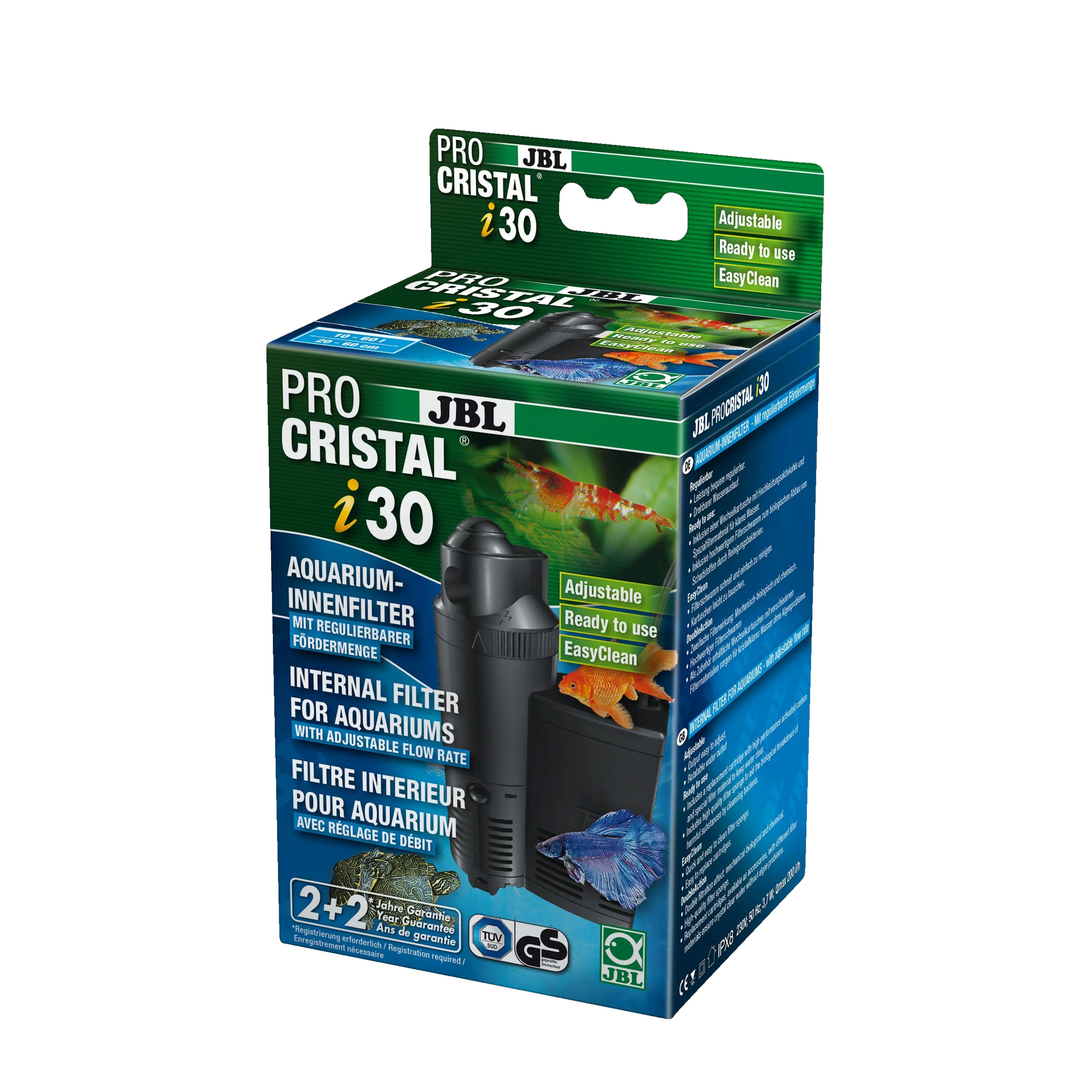 For crystal clear and oxygen-rich water: Internal filter for aquariums with a volume of 10-60 litres with adjustable pump output up to 200 litres per hour.